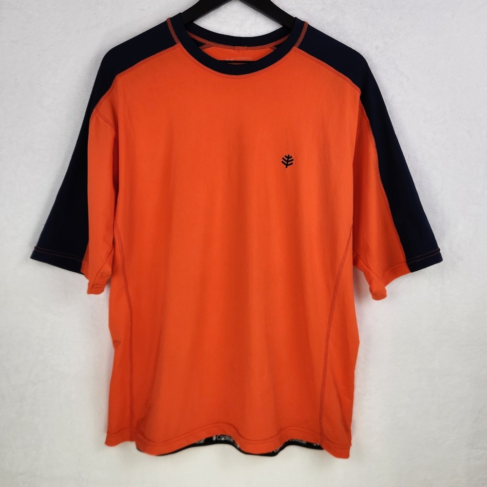 Coolibar Rash Guard Mens XL Orange Navy Blue UPF 50+ Sun Protection Swim Shirt